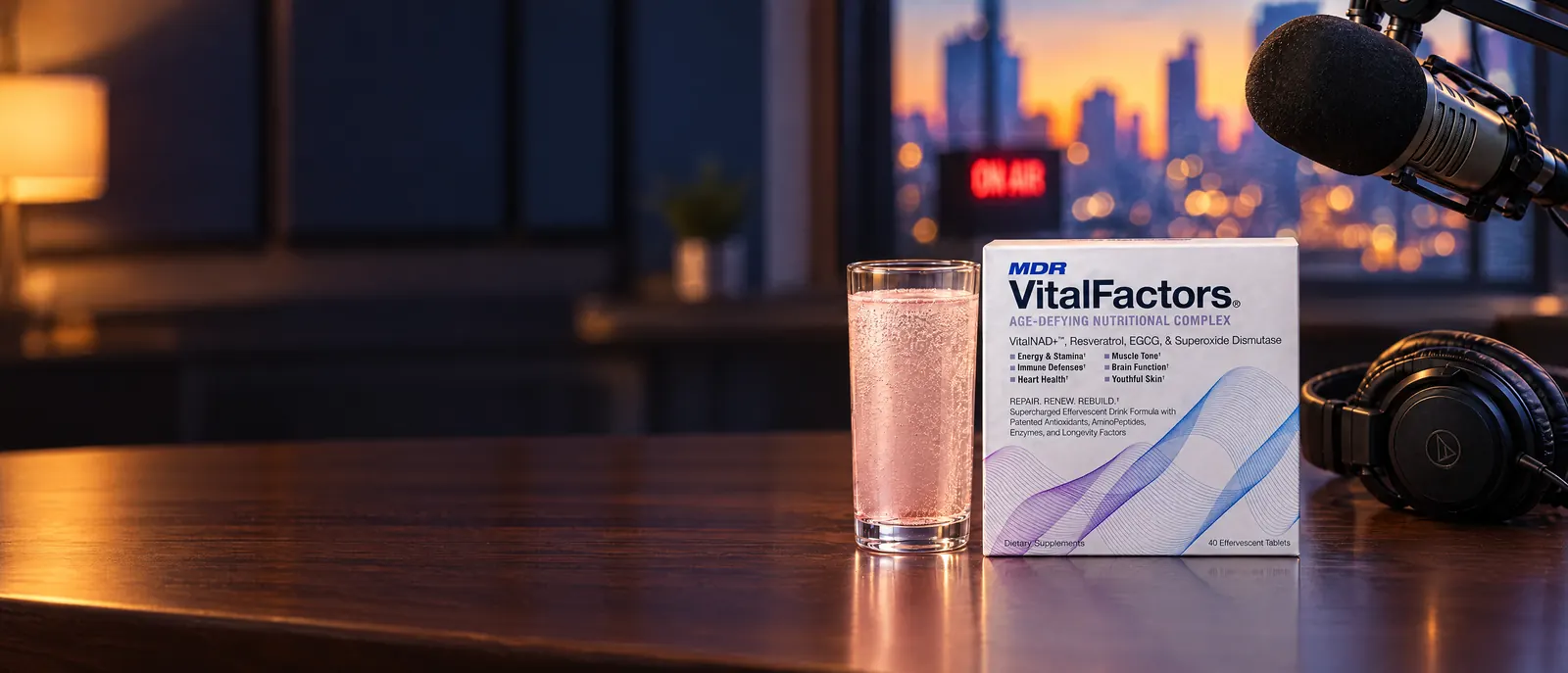 A VitalFactors box beside a glass of the pink sparkling drink on a radio studio desk with a microphone, headphones and an ON AIR sign