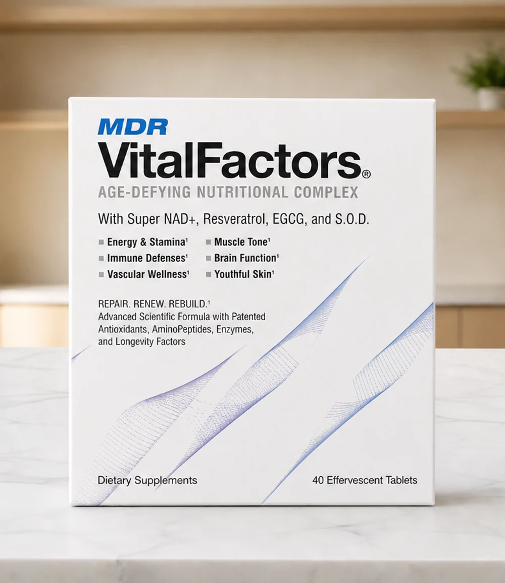 A box of VitalFactors on a kitchen counter