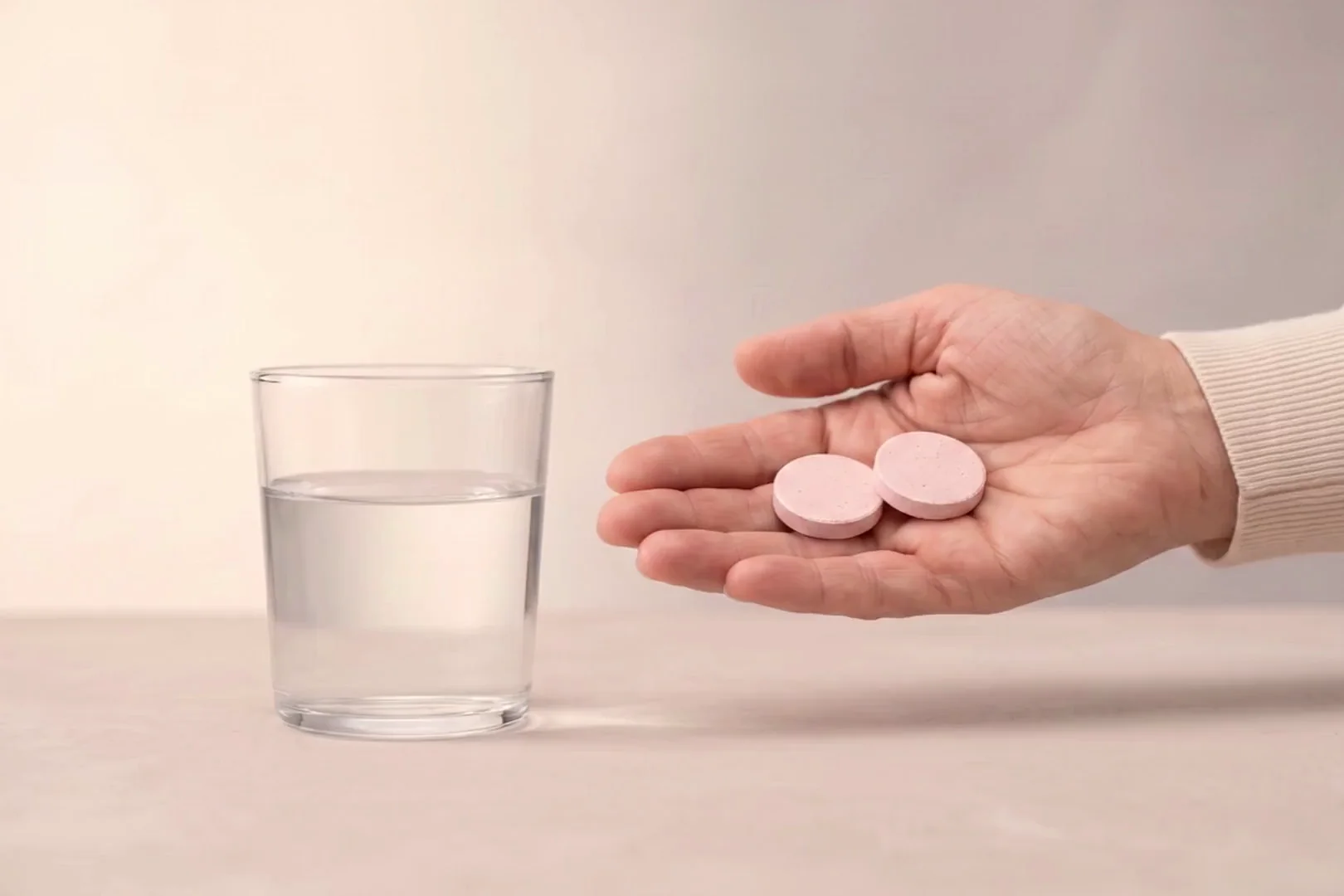 Two effervescent tablets held above a glass of water