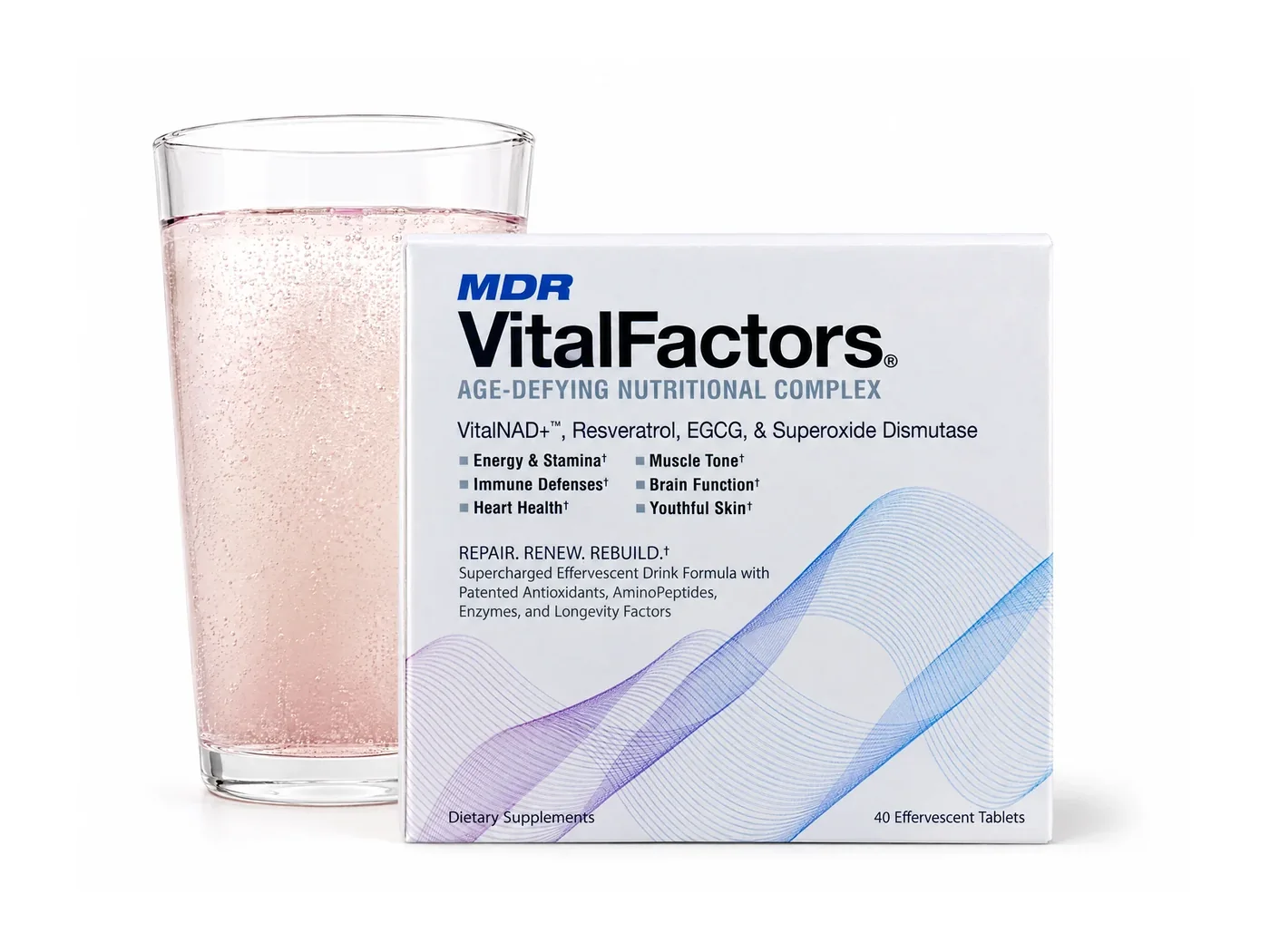 VitalFactors box beside a glass of the sparkling drink