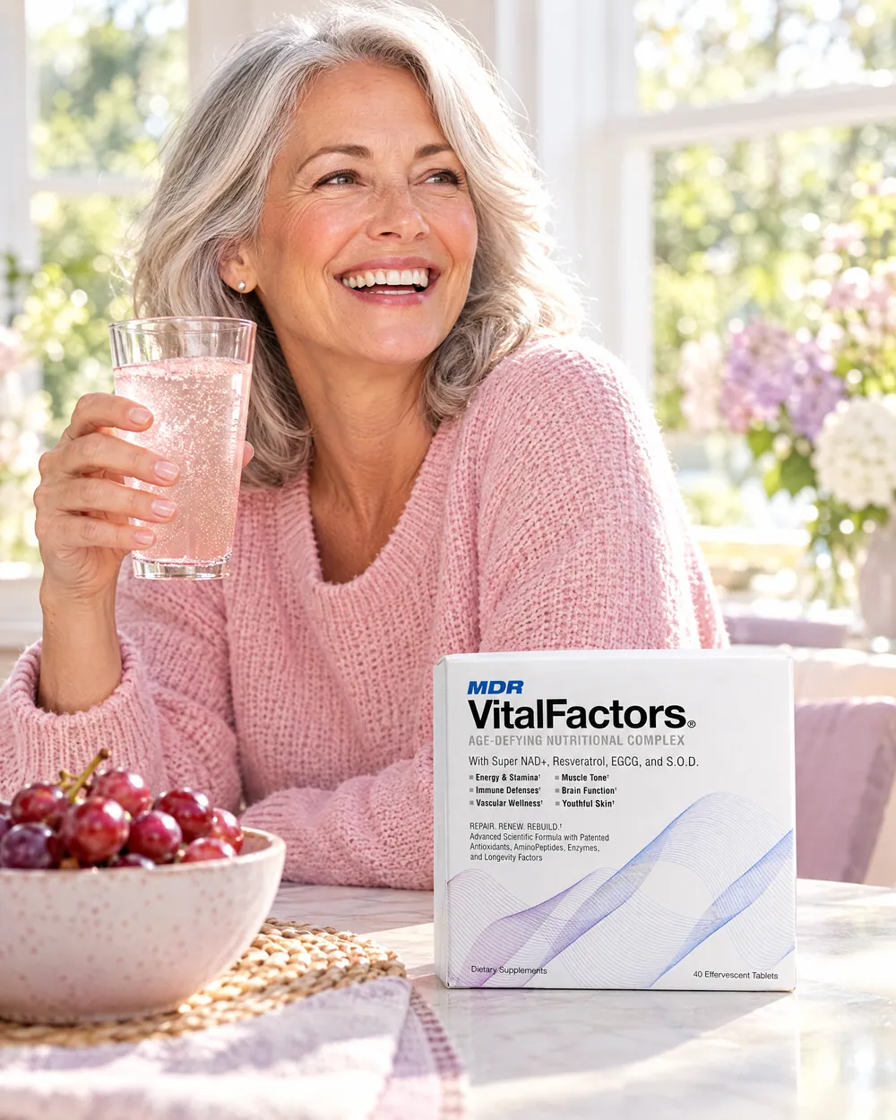 A woman enjoying a glass of VitalFactors at breakfast