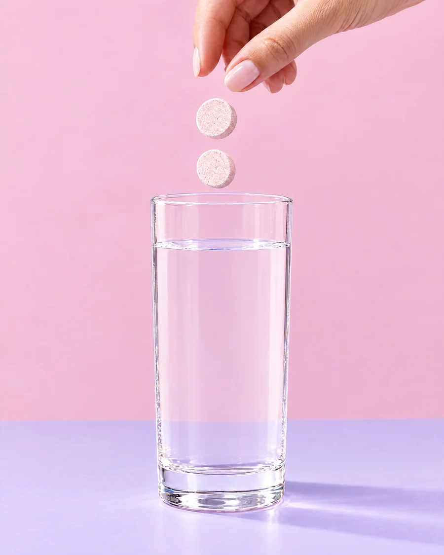 Two tablets into a glass of water.