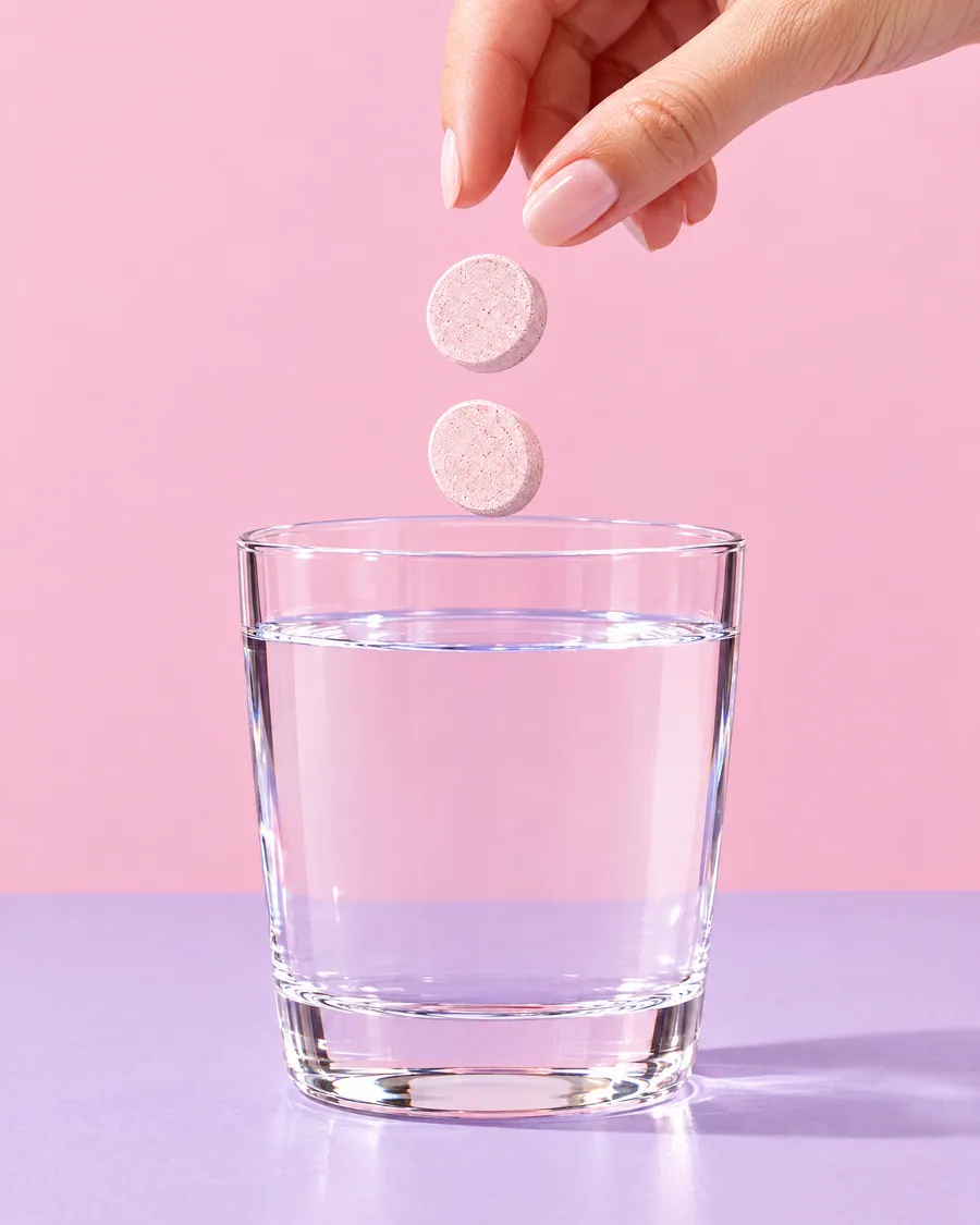 Two tablets into a glass of water.