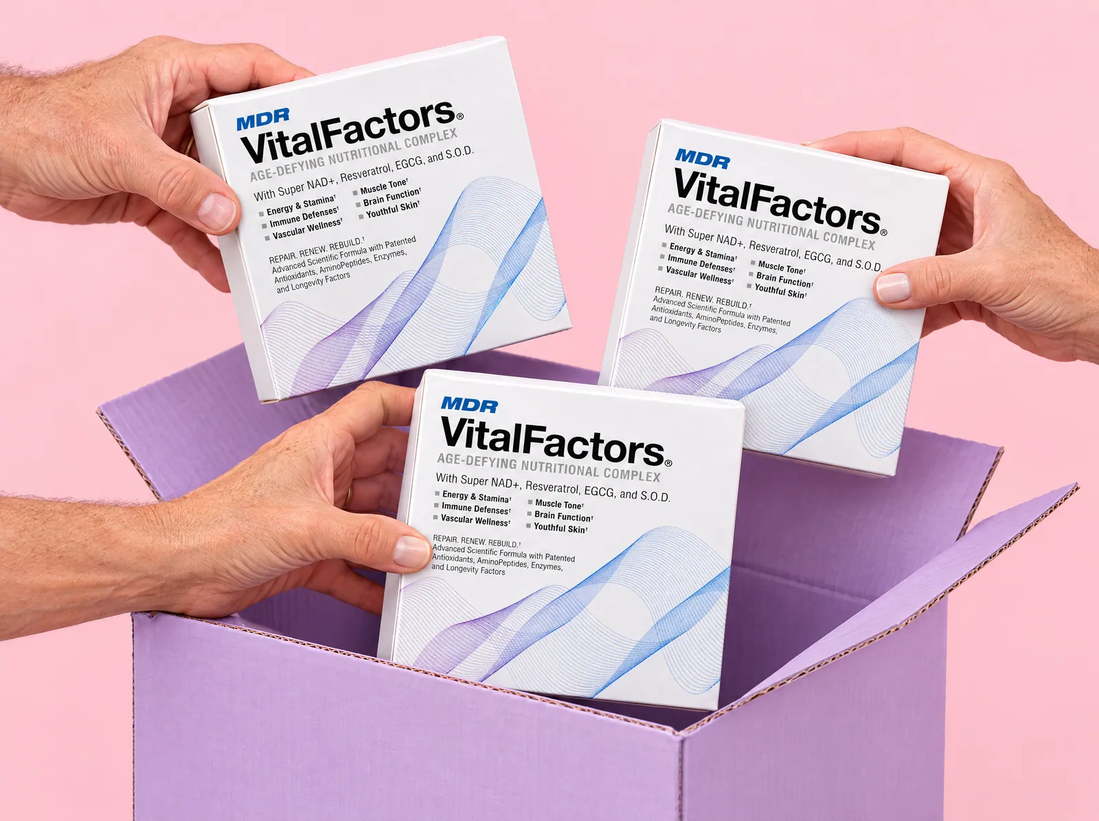 Three VitalFactors boxes packed for delivery