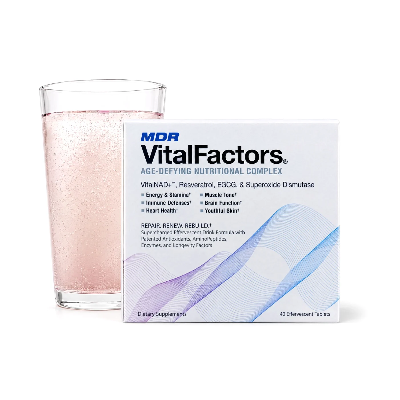 A box of VitalFactors, 40 effervescent tablets, beside a glass of the pink sparkling drink