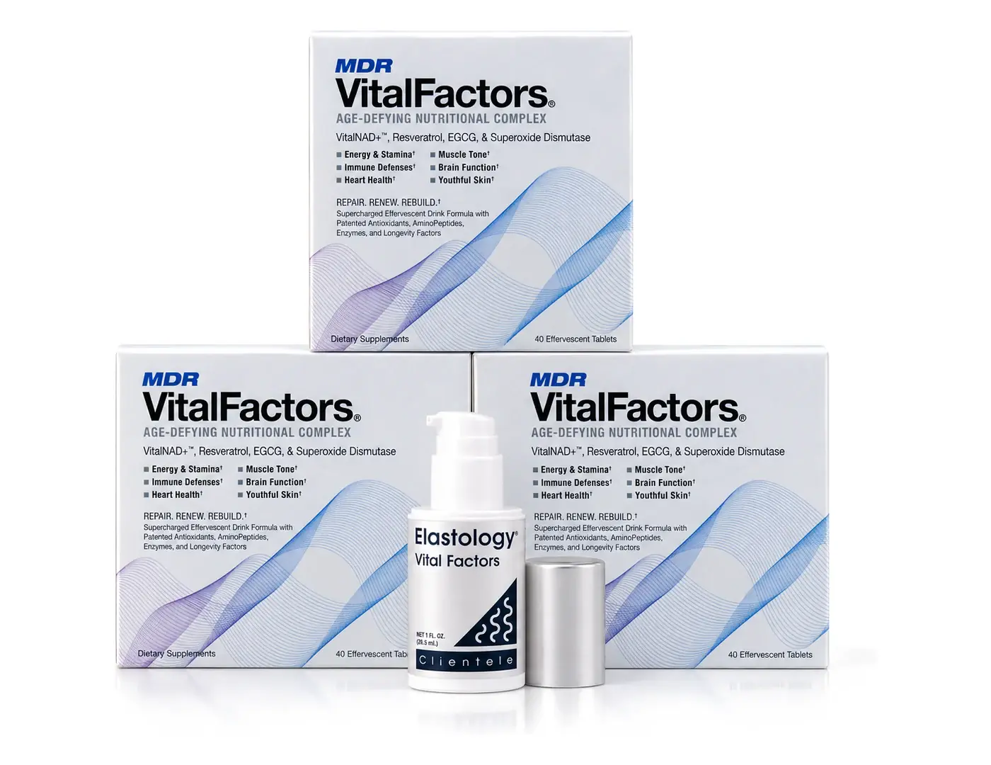 Three boxes of VitalFactors with the free Elastology Anti-Aging Face & Neck Moisturizer