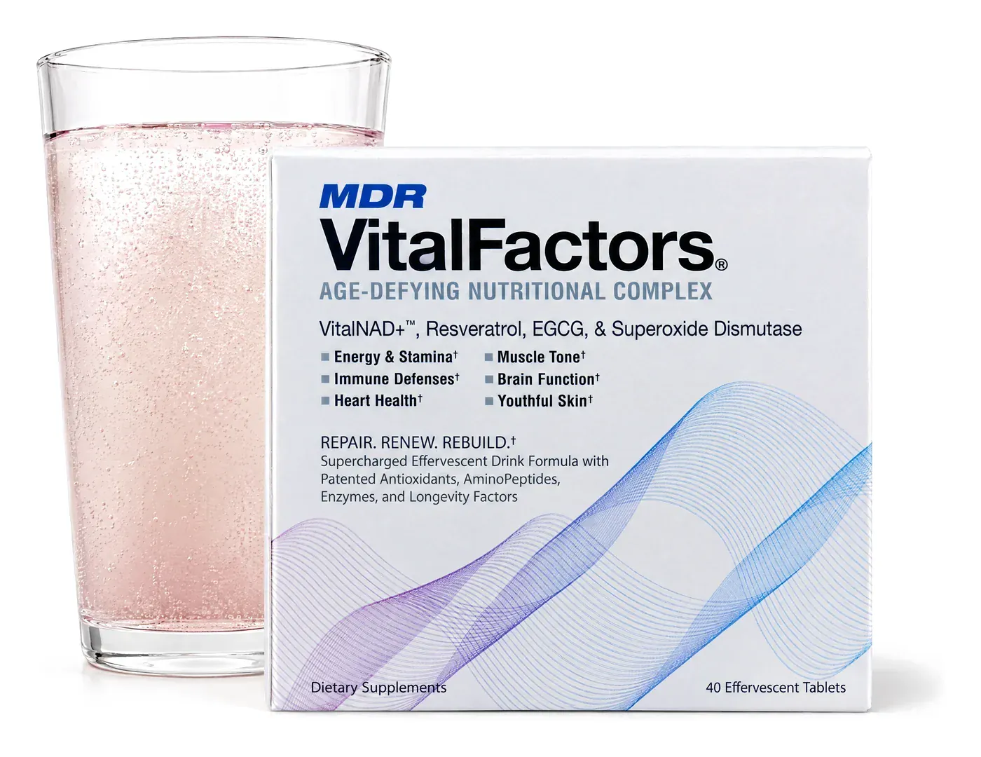 A box of MDR VitalFactors next to a glass of the pink effervescent drink