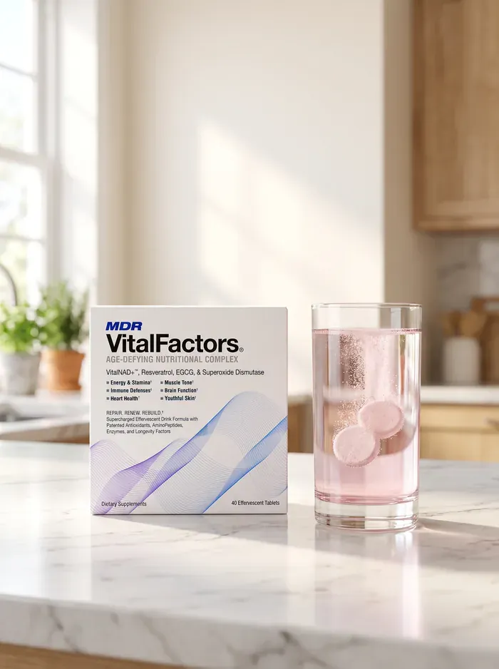 VitalFactors tablets fizzing in a glass of water beside the box on a kitchen counter