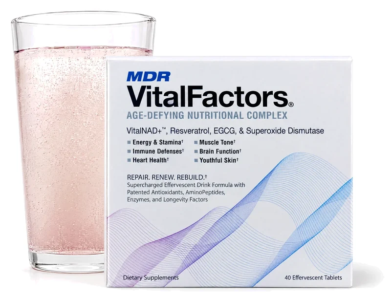 A box of VitalFactors next to a glass of the pink sparkling drink