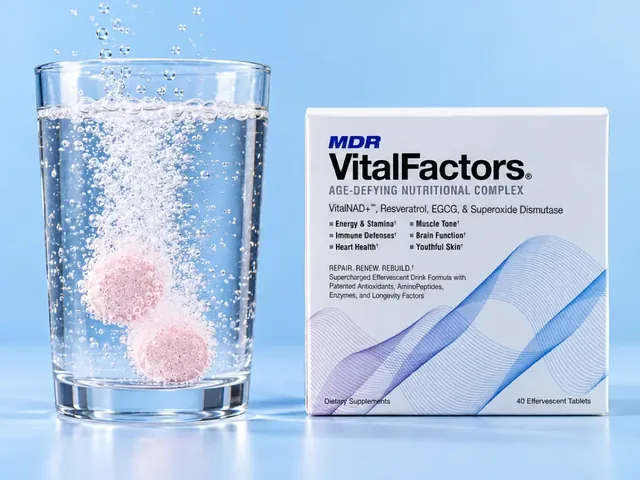 Two VitalFactors tablets fizzing in a glass of water beside the box