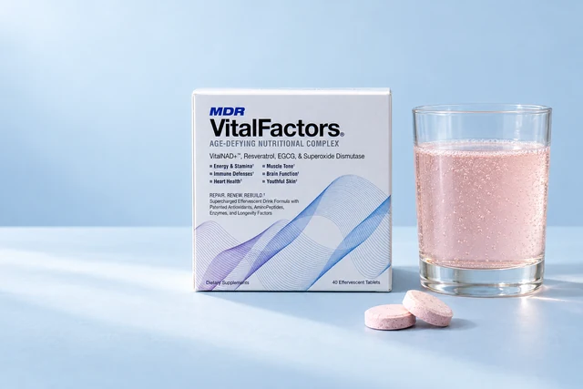A box of VitalFactors next to a glass of the pink sparkling drink and two tablets