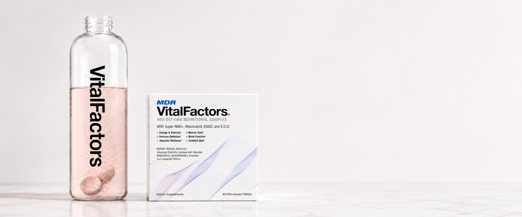VitalFactors bottle and box on a marble counter